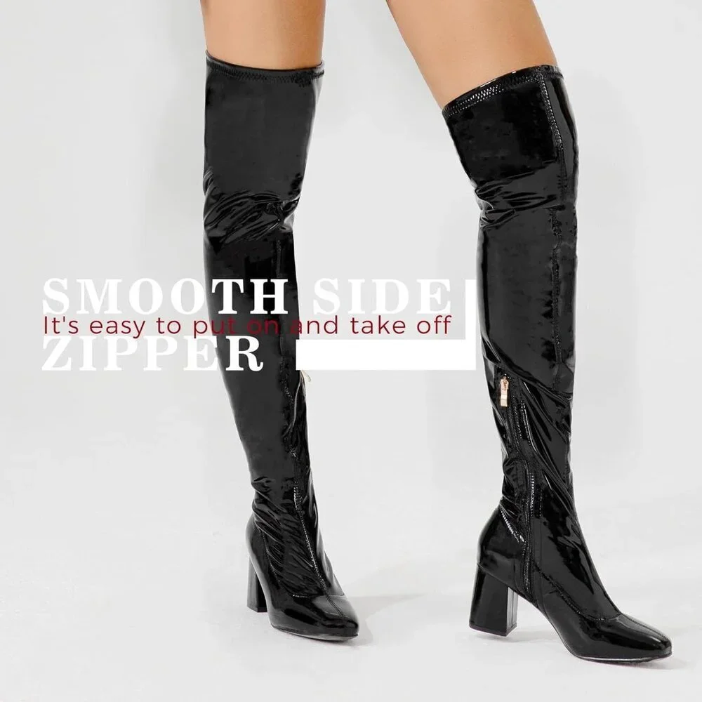 Women Black Patent Leather PU Chunky Heel Over The Knee Square Toe Long Boot